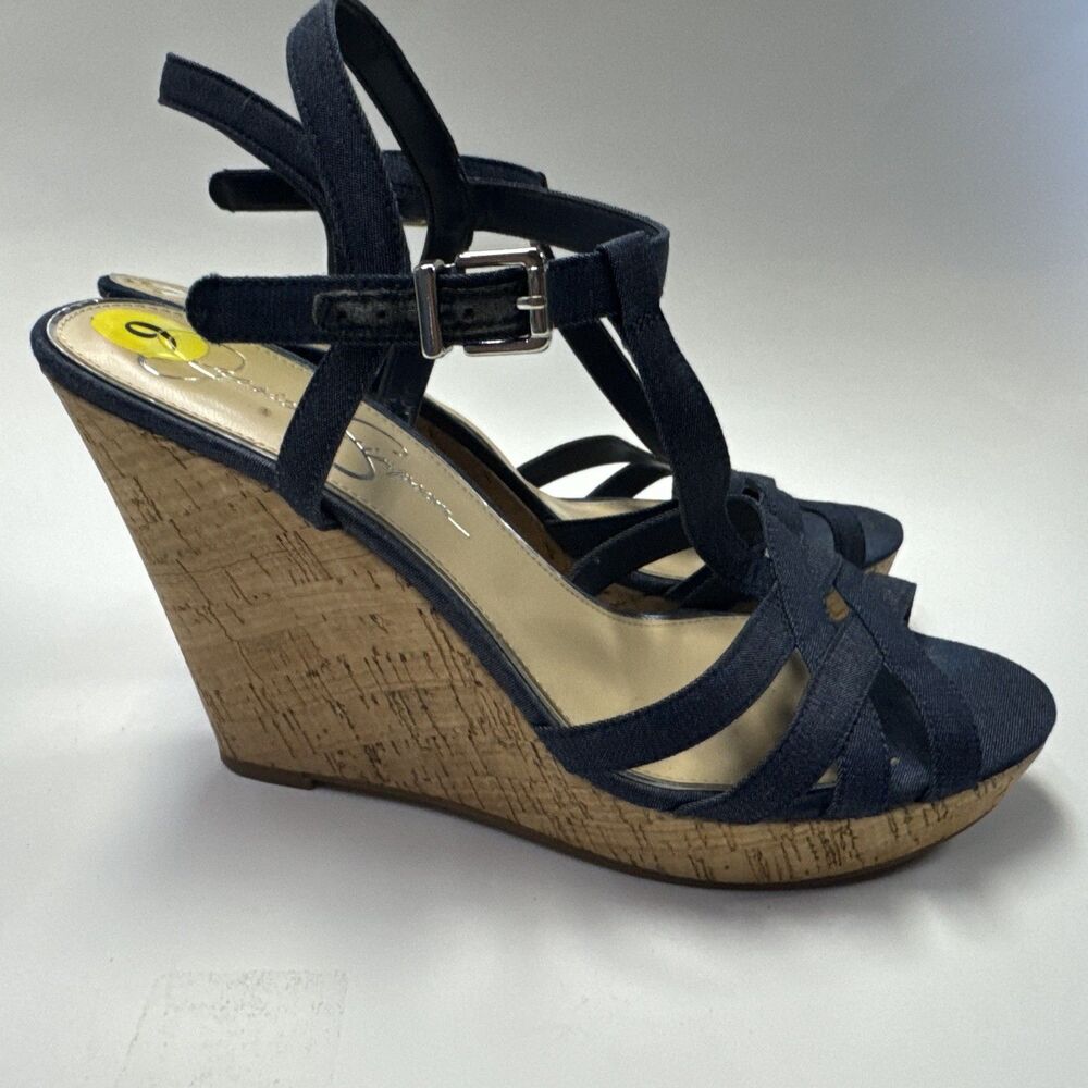 Jessica Simpson  Denim & Cork Wedge Sandals Blue Size 9 Strappy Cork. - Picture 7 of 9
